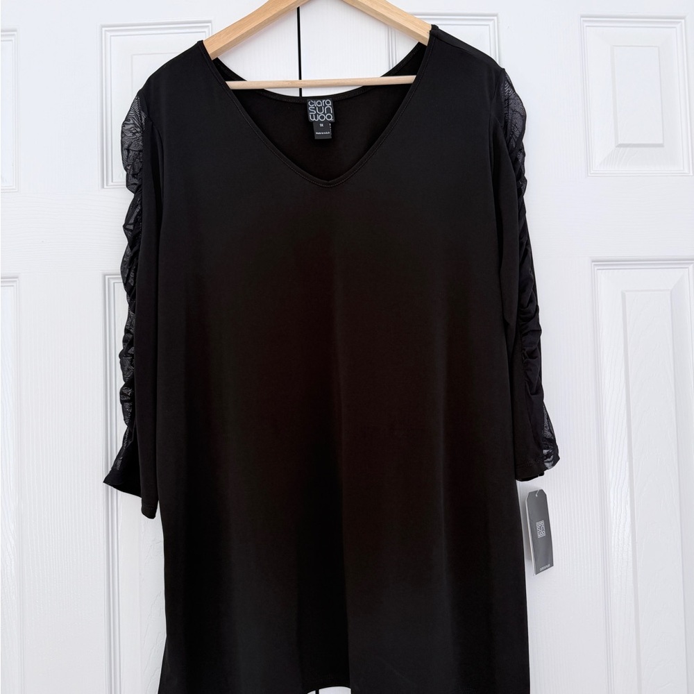 NWT Clara Sun Woo Black Tunic Top With Mesh Sleeve Detail XL Dressy Drapey